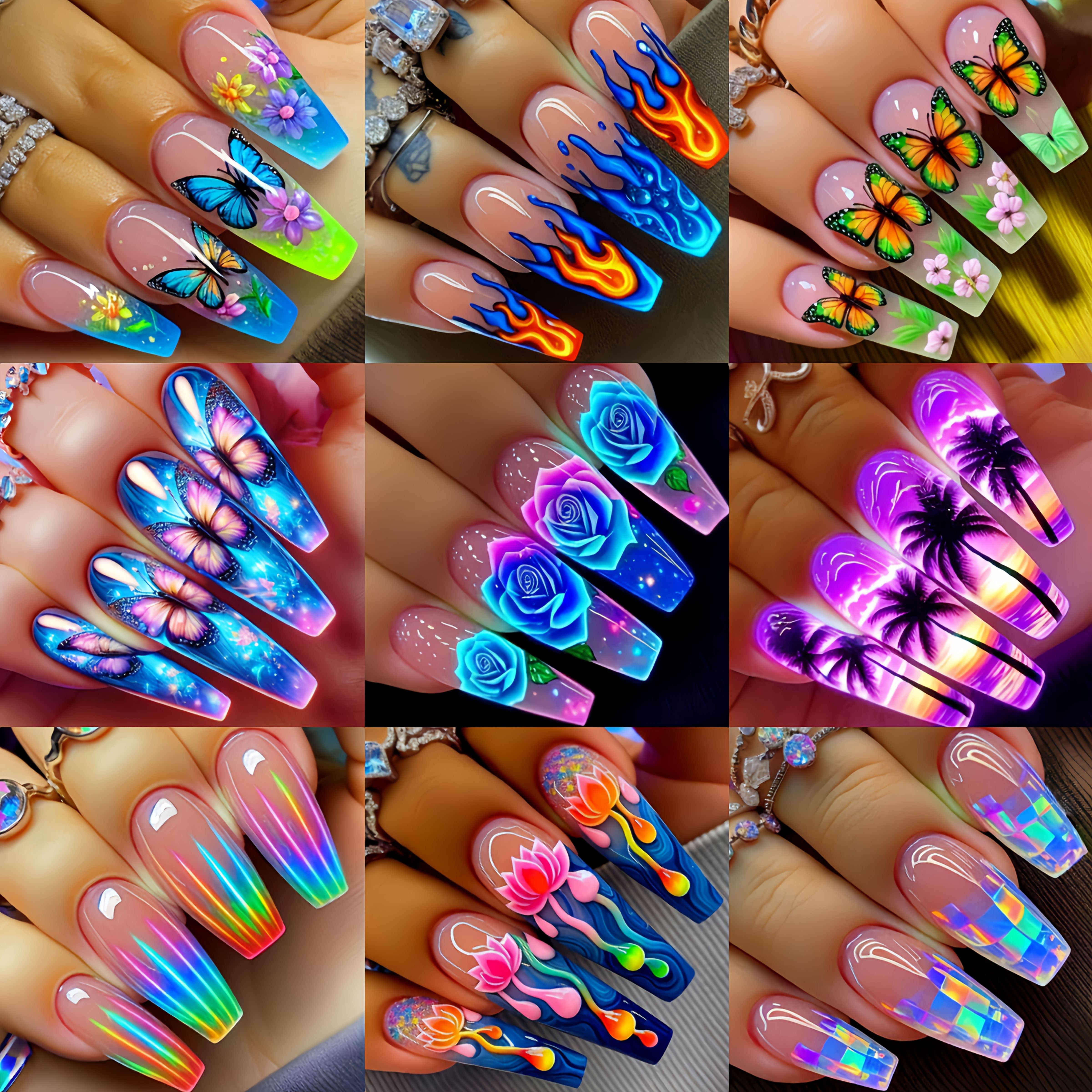 A Set of 216 Press-On Fake Nails, Featuring a Combination of Nail Art Stickers for The New Year. This Spring And Summer Collection Includes Floral And Butterfly Designs, with a Shiny, Colorful Mix of Removable Nail Stickers i